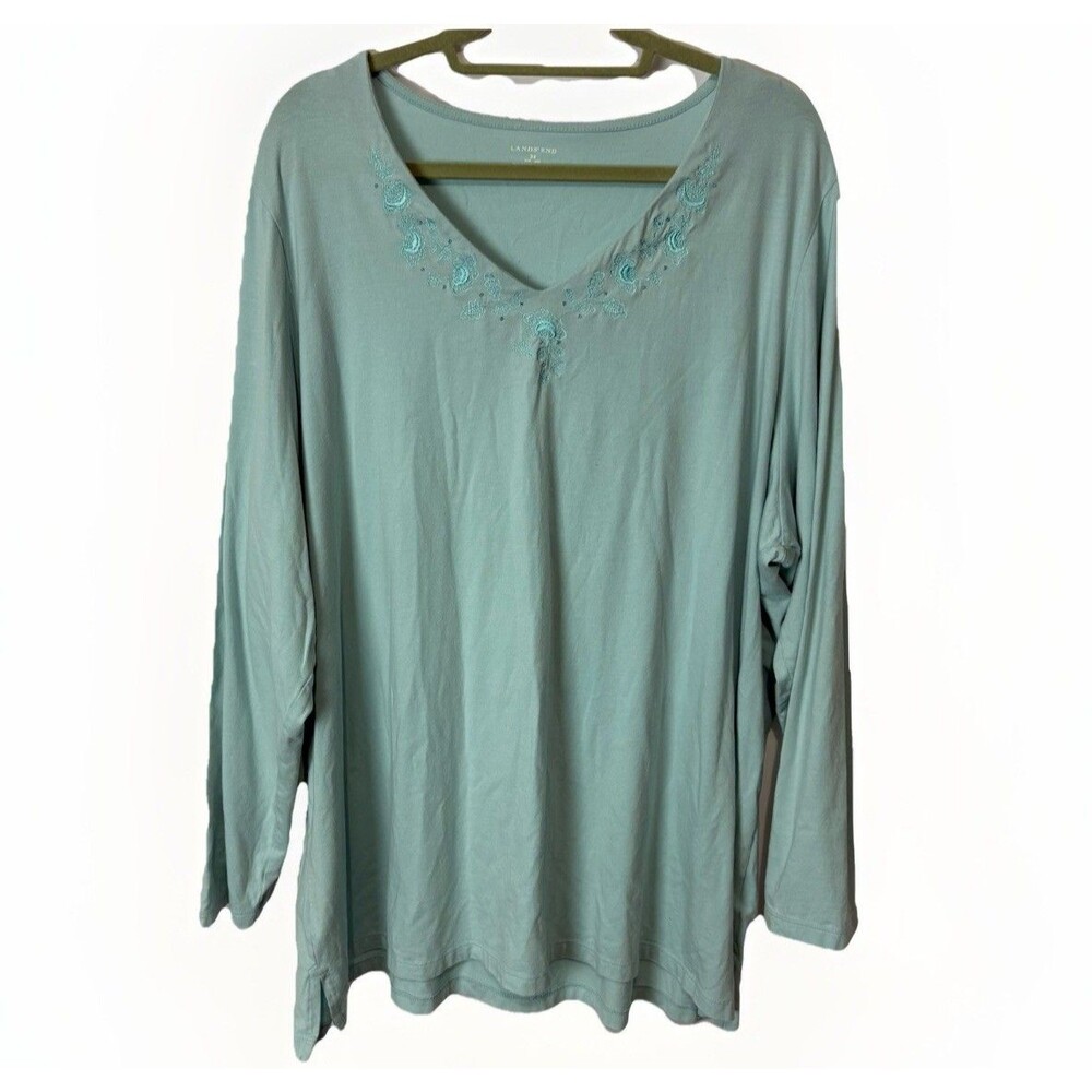 Lands End Long Sleeve V Neck Top Tunic 3X Embroidered Beaded Blue Coastal Beachy